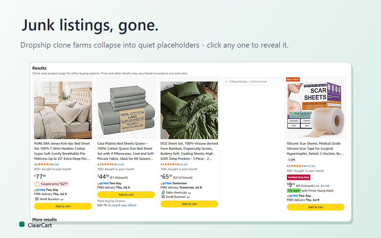 Amazon search results with a junk listing collapsed by ClearCart into a click-to-reveal placeholder